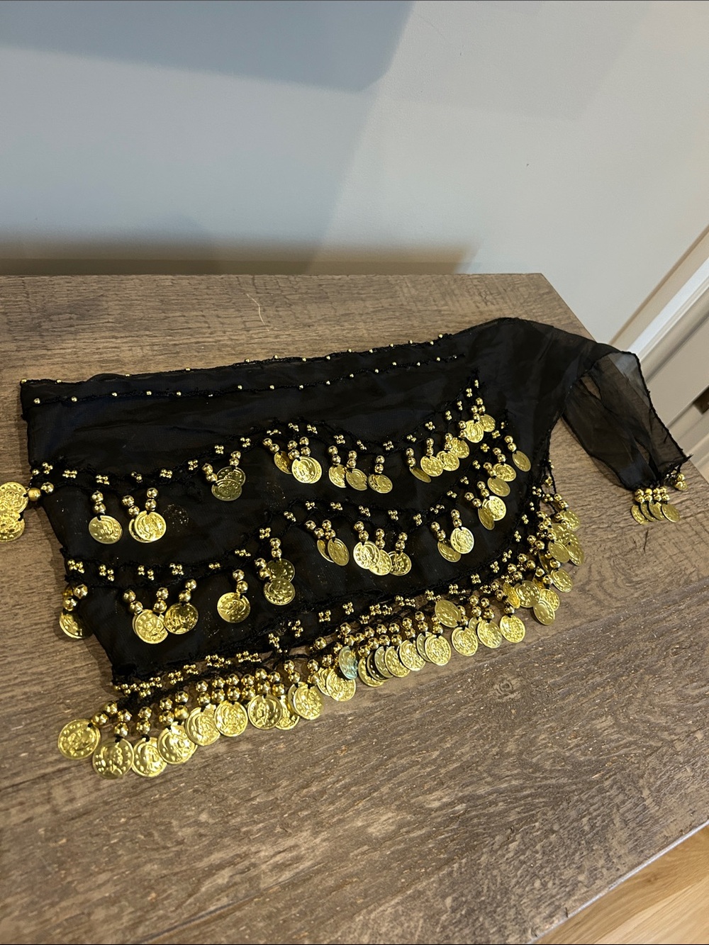 Black Belly Dance Hip Scarf with Gold Coin Trim